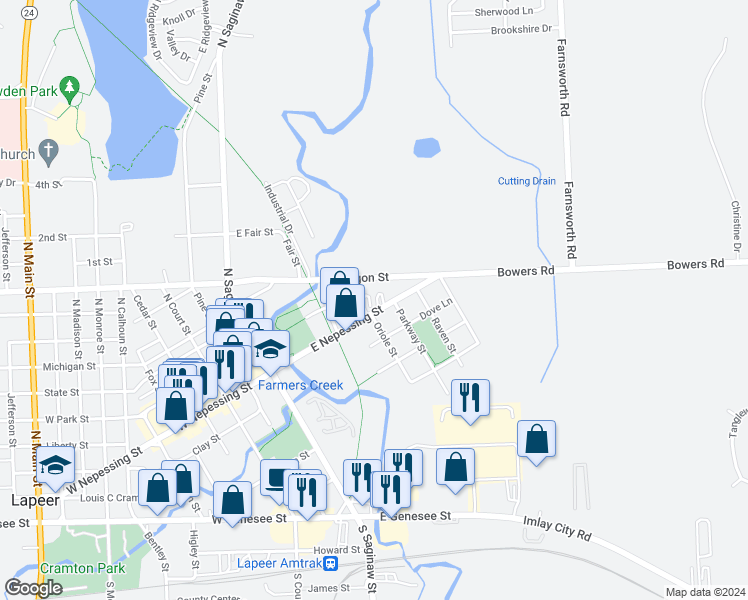 map of restaurants, bars, coffee shops, grocery stores, and more near 329 East Nepessing Street in Lapeer