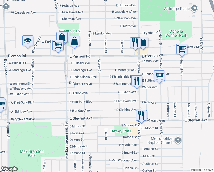 map of restaurants, bars, coffee shops, grocery stores, and more near 4625 Saginaw Street in Flint