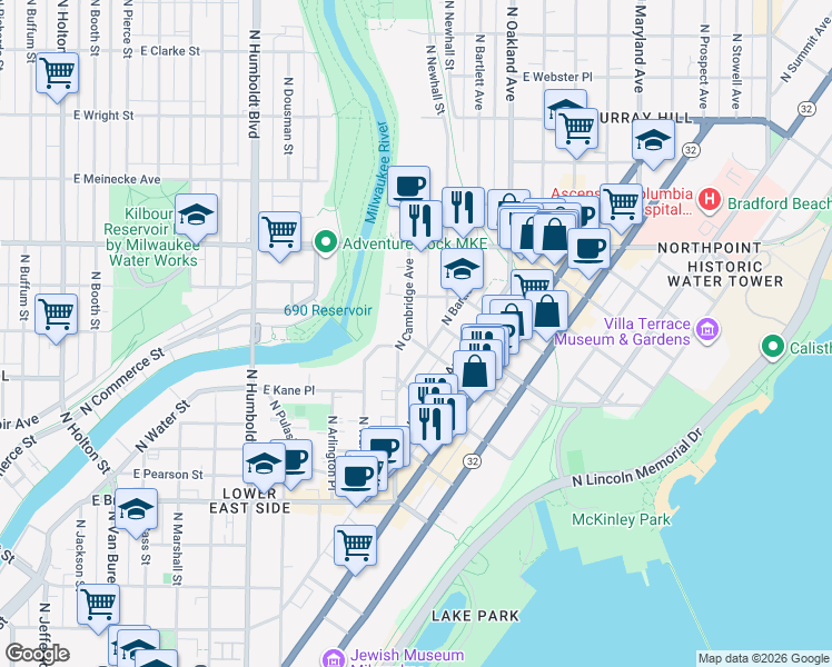 map of restaurants, bars, coffee shops, grocery stores, and more near 1950-1956 North Bartlett Avenue in Milwaukee