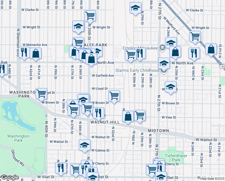 map of restaurants, bars, coffee shops, grocery stores, and more near 2053 North 32nd Street in Milwaukee