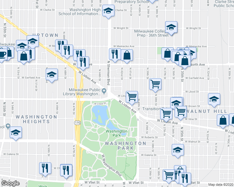 map of restaurants, bars, coffee shops, grocery stores, and more near 4202 West Lloyd Street in Milwaukee