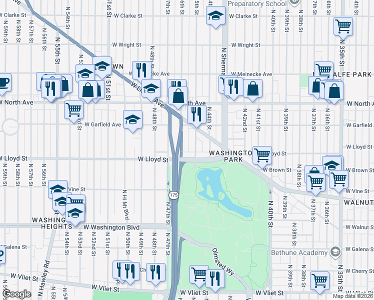 map of restaurants, bars, coffee shops, grocery stores, and more near 4512 West Lloyd Street in Milwaukee