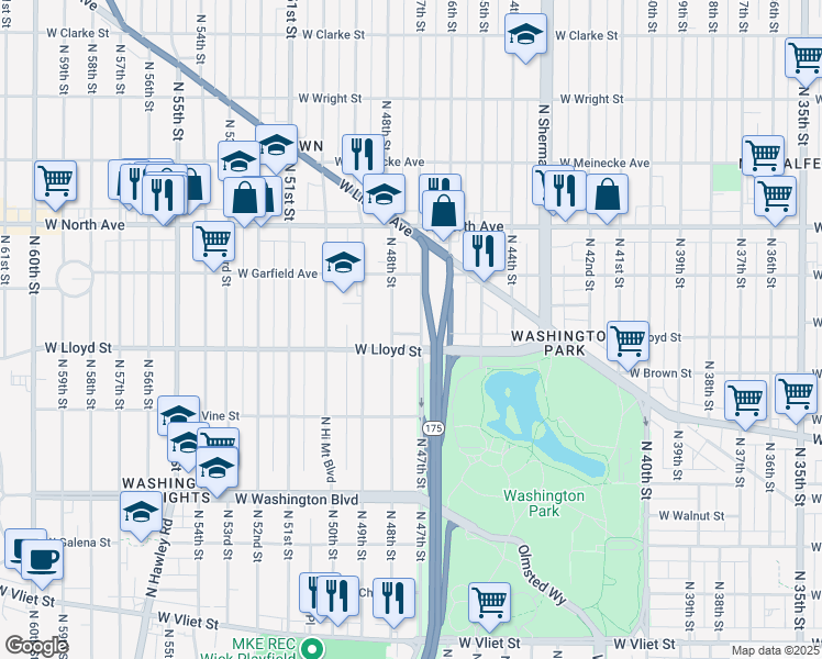 map of restaurants, bars, coffee shops, grocery stores, and more near in Milwaukee