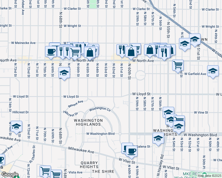 map of restaurants, bars, coffee shops, grocery stores, and more near 2125 North 62nd Street in Wauwatosa