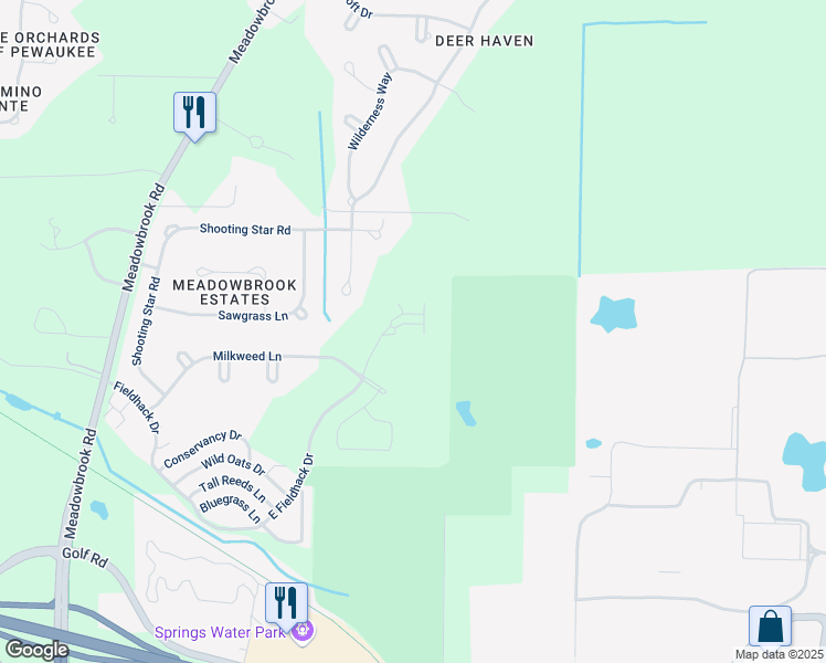 map of restaurants, bars, coffee shops, grocery stores, and more near W263N2020 East Fieldhack Drive in Pewaukee
