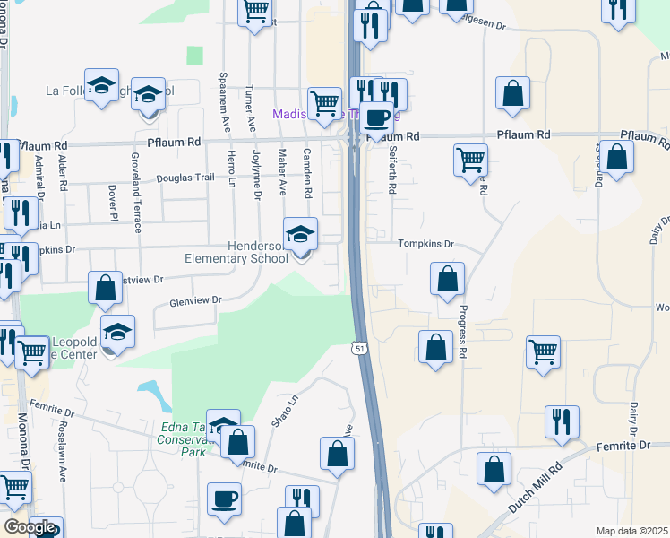 map of restaurants, bars, coffee shops, grocery stores, and more near 1317 Tompkins Drive in Madison