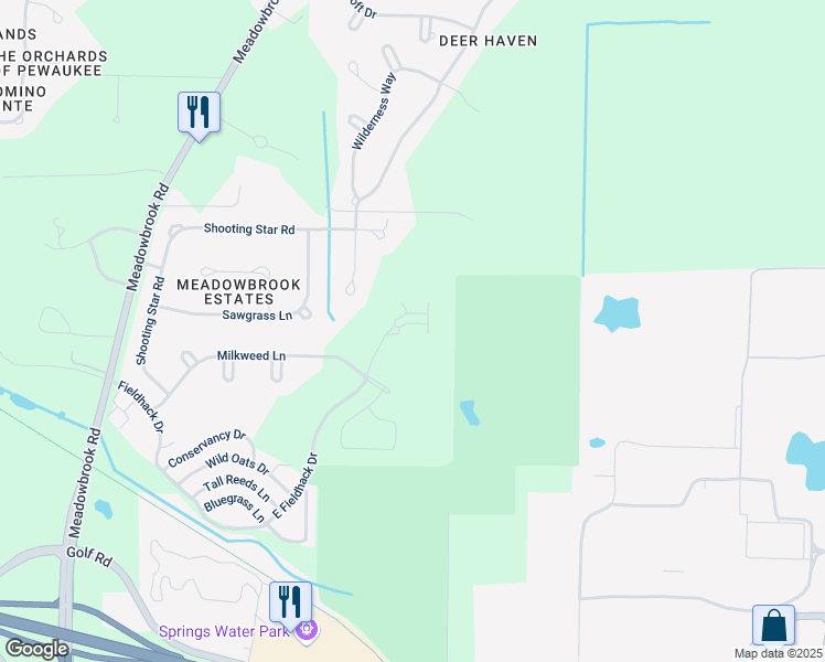 map of restaurants, bars, coffee shops, grocery stores, and more near W263N2020 East Fieldhack Drive in Pewaukee