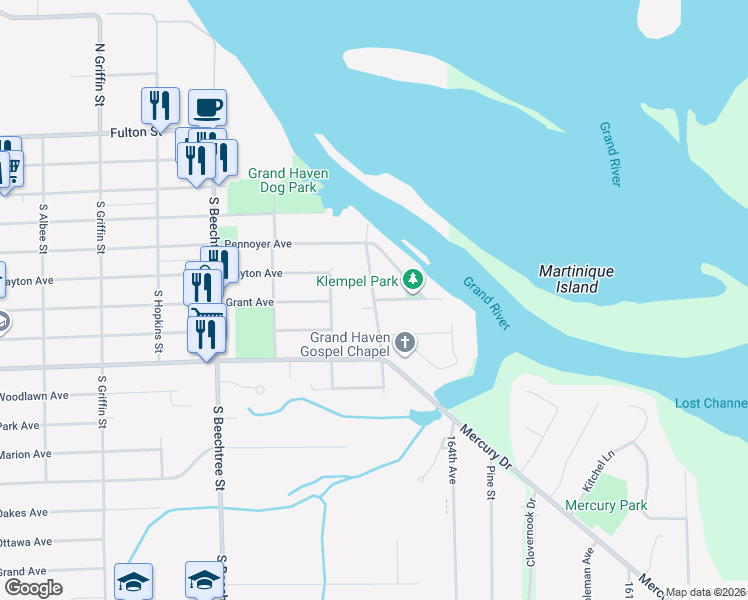 map of restaurants, bars, coffee shops, grocery stores, and more near 399 Friant Street in Grand Haven