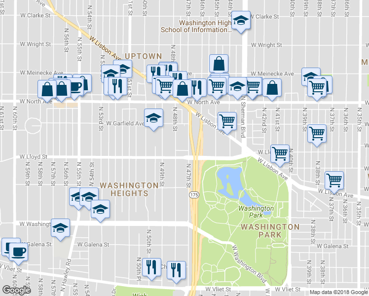 map of restaurants, bars, coffee shops, grocery stores, and more near 2125 North 47th Street in Milwaukee