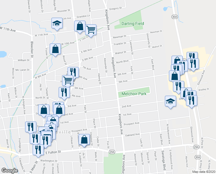 map of restaurants, bars, coffee shops, grocery stores, and more near 70 5th Avenue in Gloversville