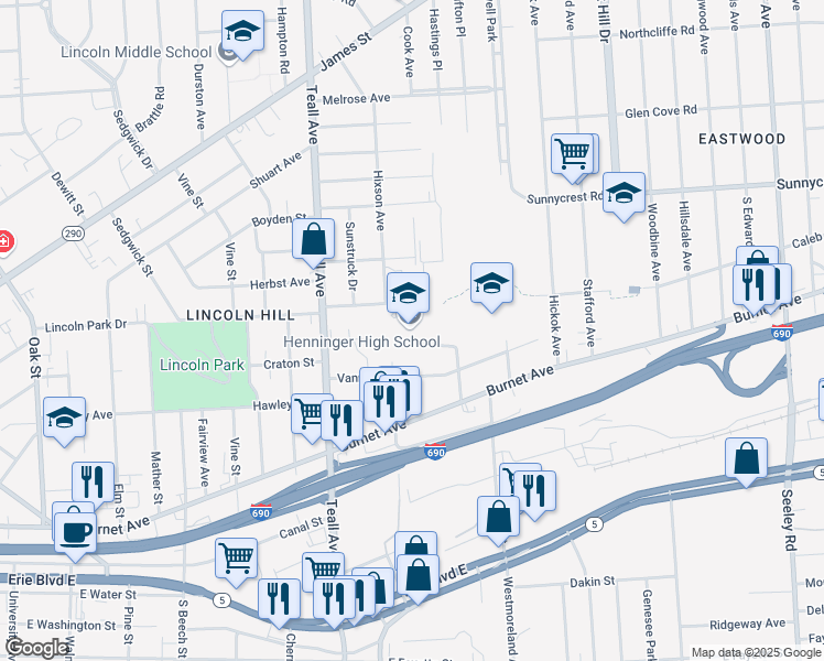 map of restaurants, bars, coffee shops, grocery stores, and more near 600 Robinson Street in Syracuse