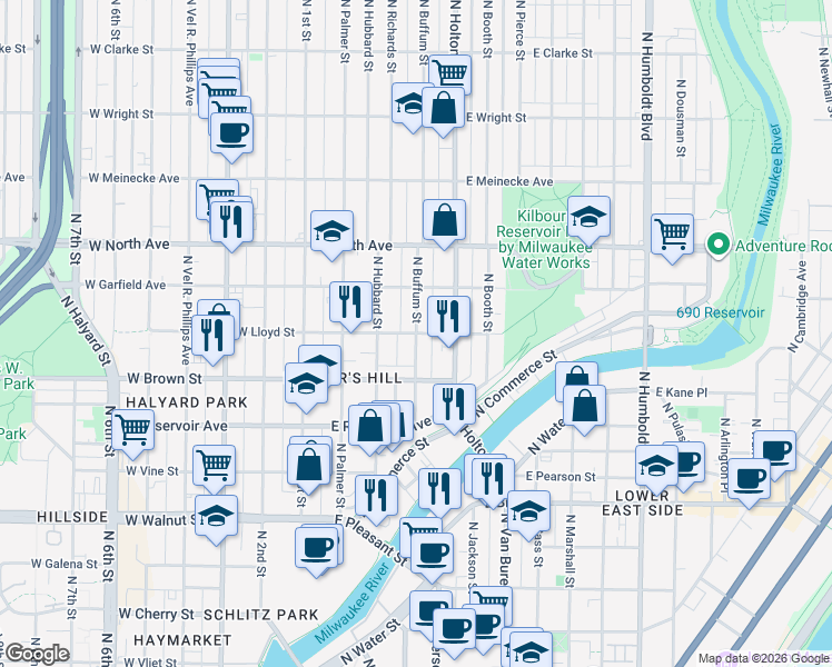 map of restaurants, bars, coffee shops, grocery stores, and more near N Buffum St & E Lloyd St in Milwaukee