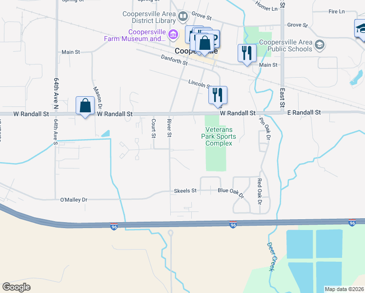 map of restaurants, bars, coffee shops, grocery stores, and more near 353 Meadow Lane in Coopersville