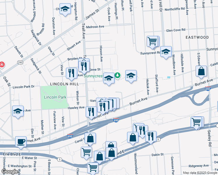 map of restaurants, bars, coffee shops, grocery stores, and more near 600 Robinson Street in Syracuse