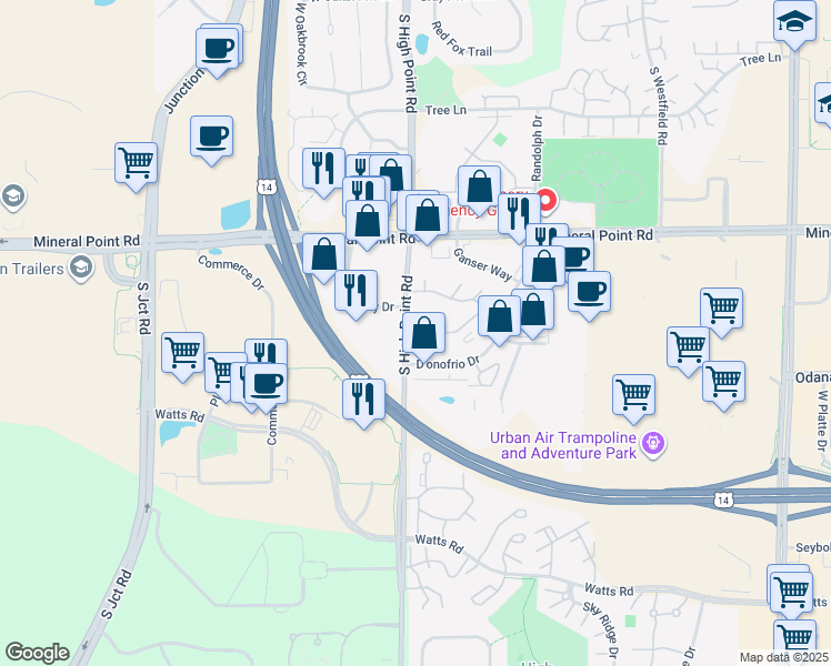 map of restaurants, bars, coffee shops, grocery stores, and more near 485 South High Point Road in Madison