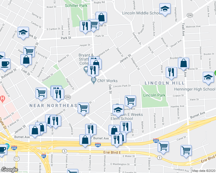 map of restaurants, bars, coffee shops, grocery stores, and more near 365 Green Street in Syracuse