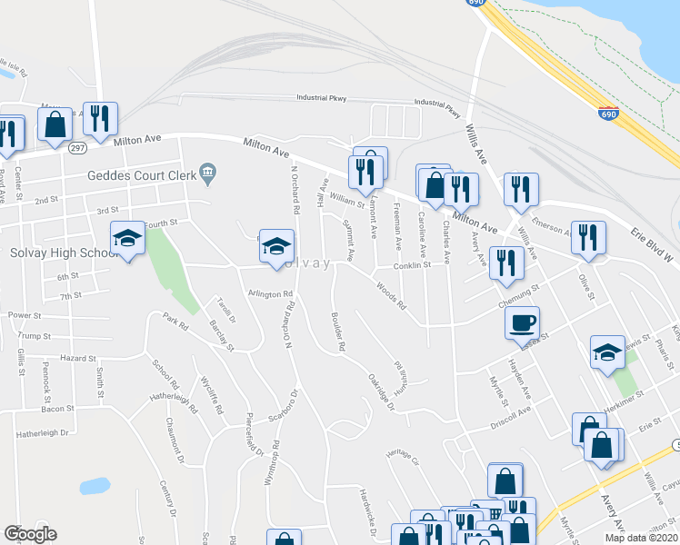 map of restaurants, bars, coffee shops, grocery stores, and more near 108 Boulder Road in Syracuse