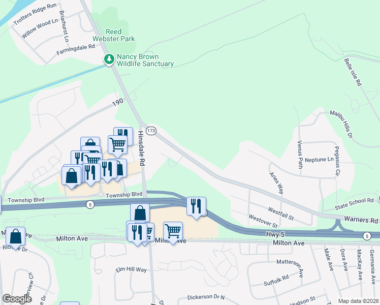 map of restaurants, bars, coffee shops, grocery stores, and more near 3659 Warners Road in Syracuse