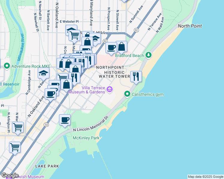 map of restaurants, bars, coffee shops, grocery stores, and more near 2220 North Terrace Avenue in Milwaukee