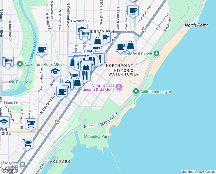 map of restaurants, bars, coffee shops, grocery stores, and more near 2216 East Kenilworth Place in Milwaukee