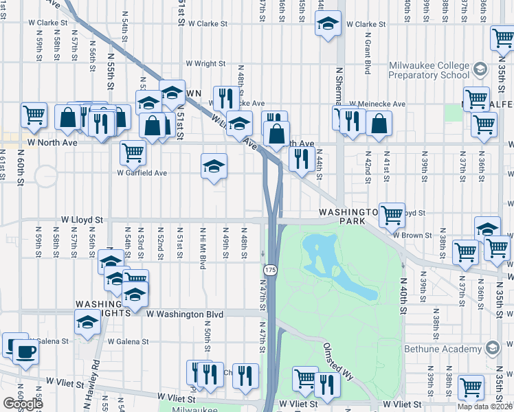 map of restaurants, bars, coffee shops, grocery stores, and more near in Milwaukee