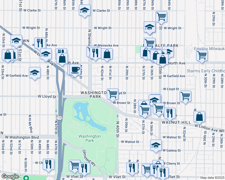 map of restaurants, bars, coffee shops, grocery stores, and more near 2038 North 41st Street in Milwaukee