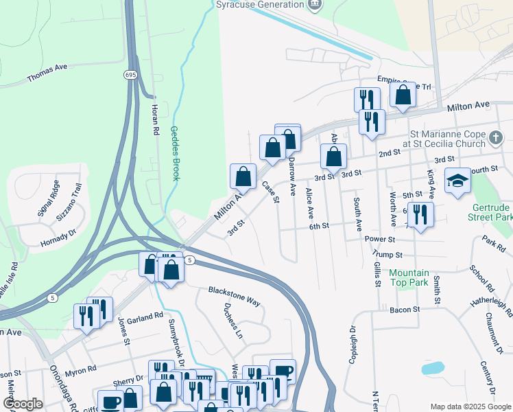 map of restaurants, bars, coffee shops, grocery stores, and more near 1017 3rd Street in Solvay