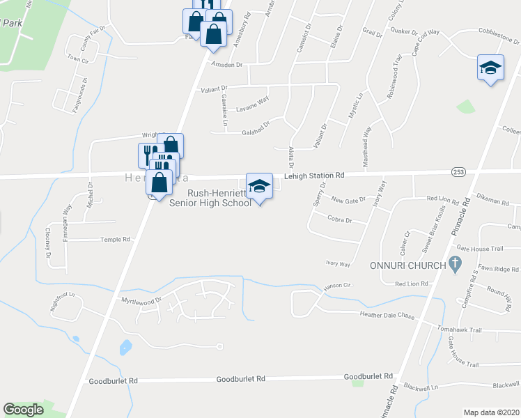map of restaurants, bars, coffee shops, grocery stores, and more near 1799 Lehigh Station Road in Henrietta