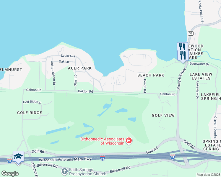 map of restaurants, bars, coffee shops, grocery stores, and more near N20W28482 Oakton Road in Pewaukee