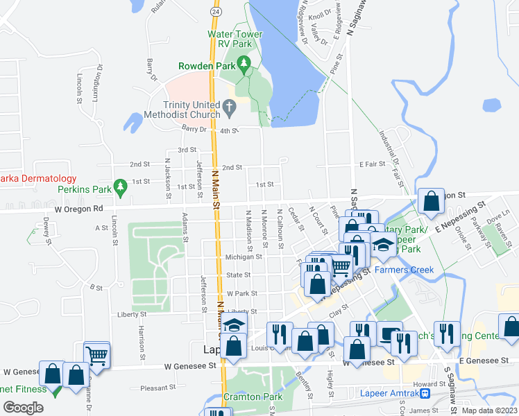 map of restaurants, bars, coffee shops, grocery stores, and more near 937 North Monroe Street in Lapeer