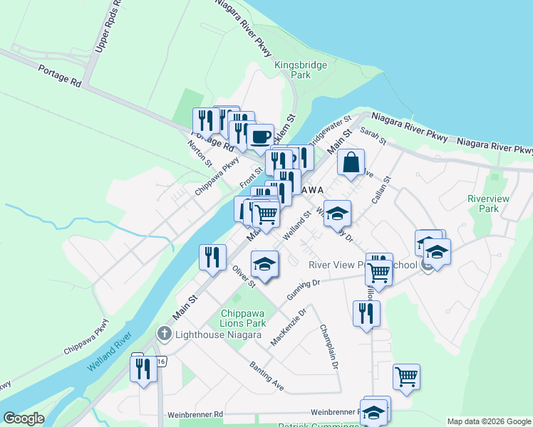 map of restaurants, bars, coffee shops, grocery stores, and more near 3835 Main Street in Niagara Falls