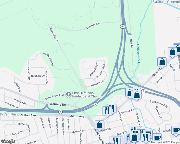 map of restaurants, bars, coffee shops, grocery stores, and more near 105 Signal Ridge in Syracuse