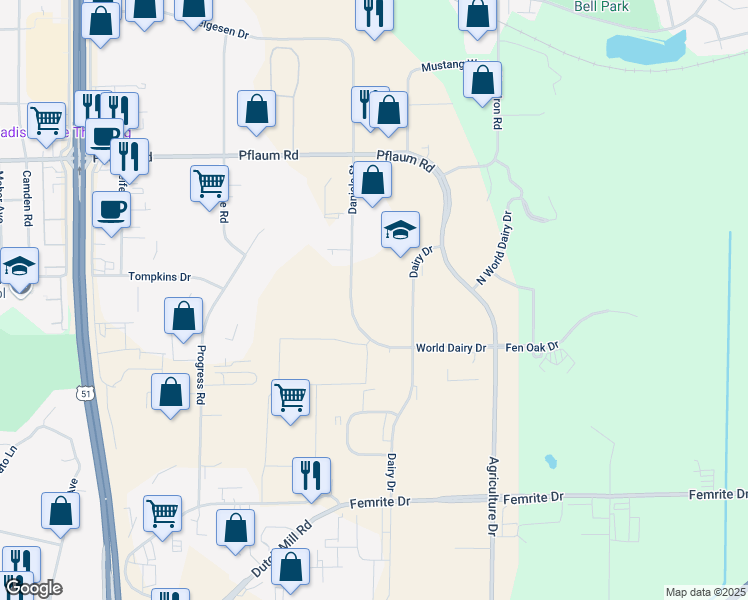 map of restaurants, bars, coffee shops, grocery stores, and more near 2701 Daniels Street in Madison
