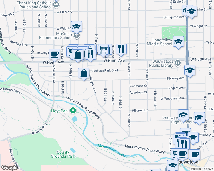 map of restaurants, bars, coffee shops, grocery stores, and more near 2122 North 86th Street in Wauwatosa