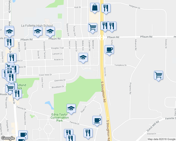 map of restaurants, bars, coffee shops, grocery stores, and more near 1201 Tompkins Drive in Madison