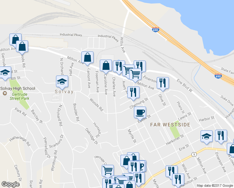 map of restaurants, bars, coffee shops, grocery stores, and more near 203 Charles Avenue in Syracuse
