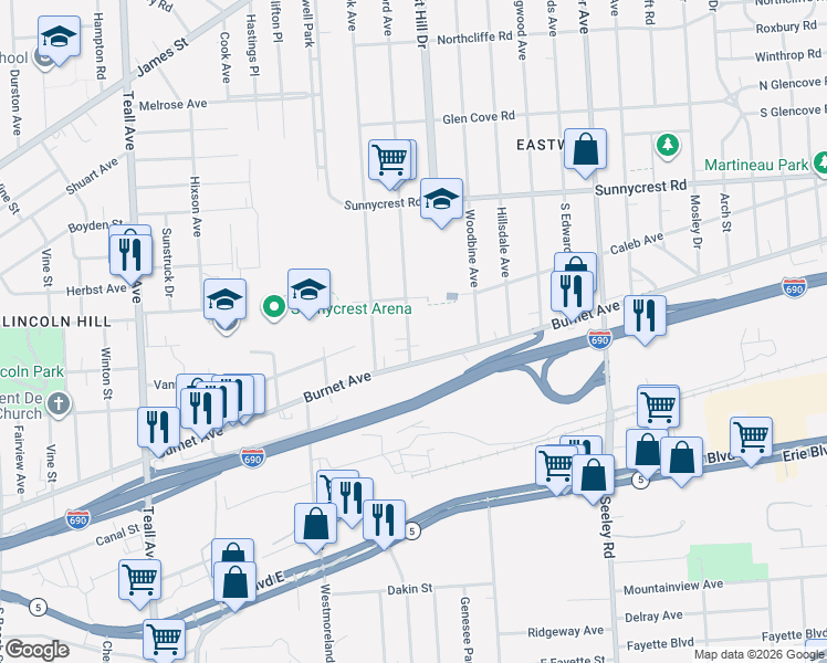 map of restaurants, bars, coffee shops, grocery stores, and more near 539 Stafford Avenue in Syracuse