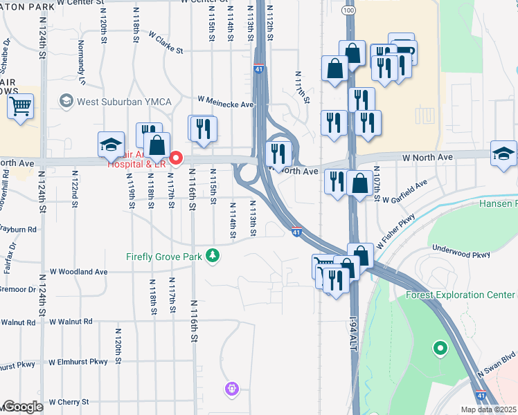 map of restaurants, bars, coffee shops, grocery stores, and more near 2104 North 113th Street in Wauwatosa