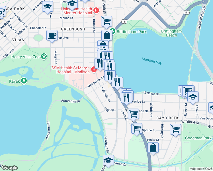 map of restaurants, bars, coffee shops, grocery stores, and more near 917 Haywood Drive in Madison