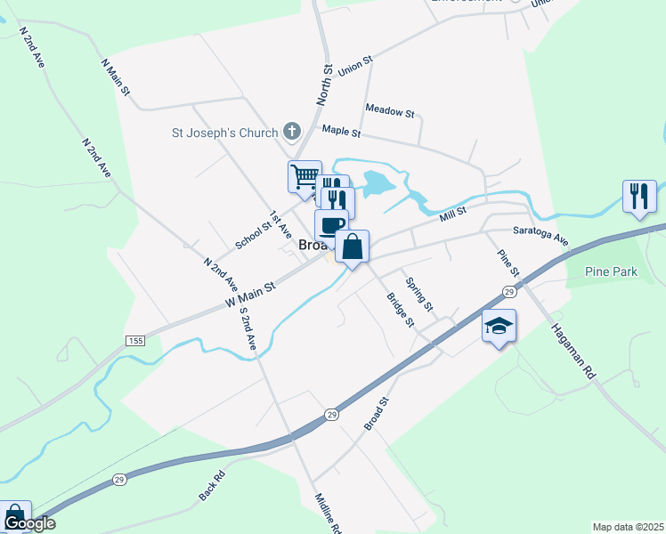 map of restaurants, bars, coffee shops, grocery stores, and more near 9 Railroad Street in Broadalbin