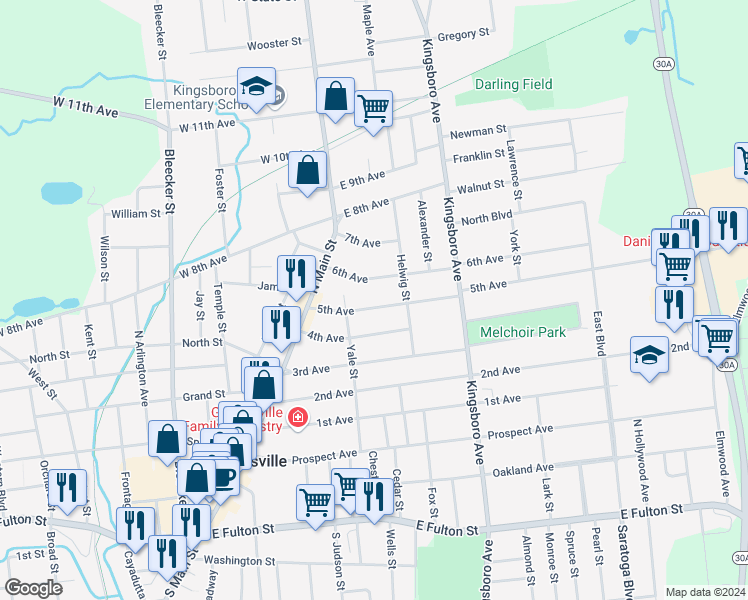 map of restaurants, bars, coffee shops, grocery stores, and more near 30 5th Avenue in Gloversville