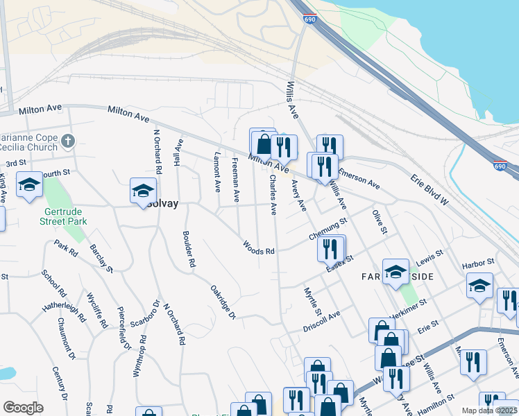 map of restaurants, bars, coffee shops, grocery stores, and more near 211 Caroline Avenue in Syracuse