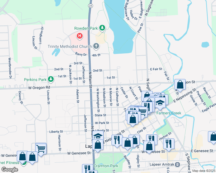 map of restaurants, bars, coffee shops, grocery stores, and more near 906 North Monroe Street in Lapeer