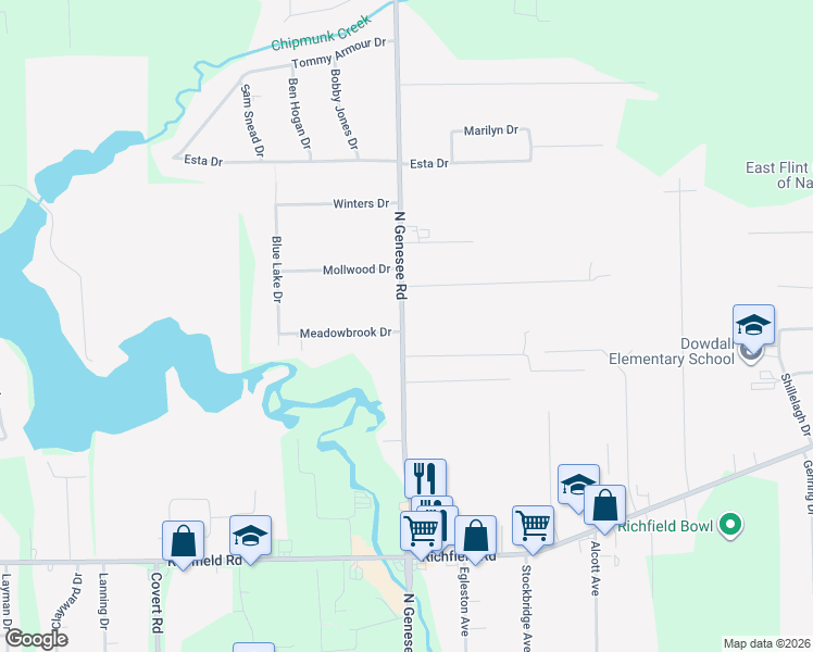 map of restaurants, bars, coffee shops, grocery stores, and more near 3366 North Genesee Road in Flint