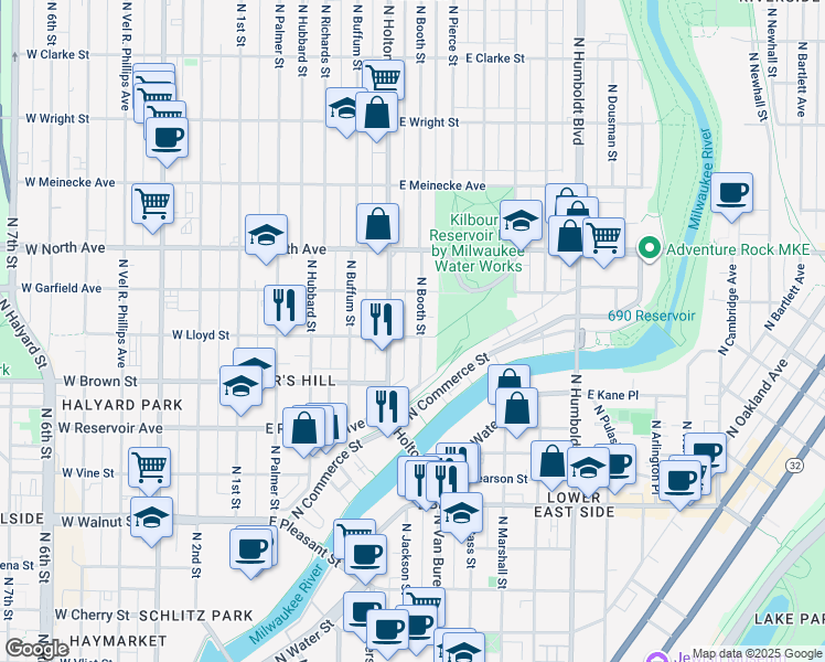 map of restaurants, bars, coffee shops, grocery stores, and more near 525-527 East Lloyd Street in Milwaukee