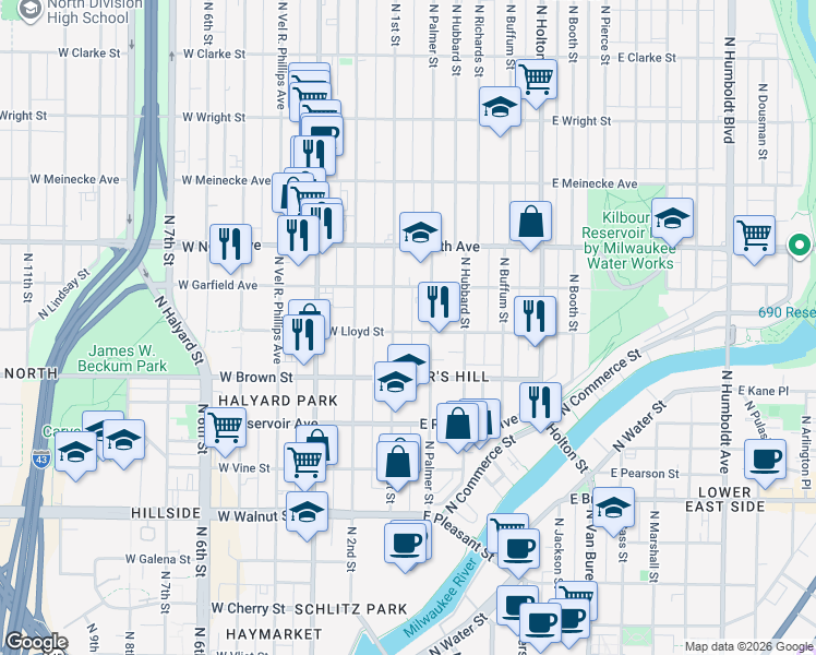 map of restaurants, bars, coffee shops, grocery stores, and more near 117 East Lloyd Street in Milwaukee