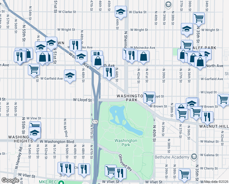 map of restaurants, bars, coffee shops, grocery stores, and more near 2121 North 44th Street in Milwaukee