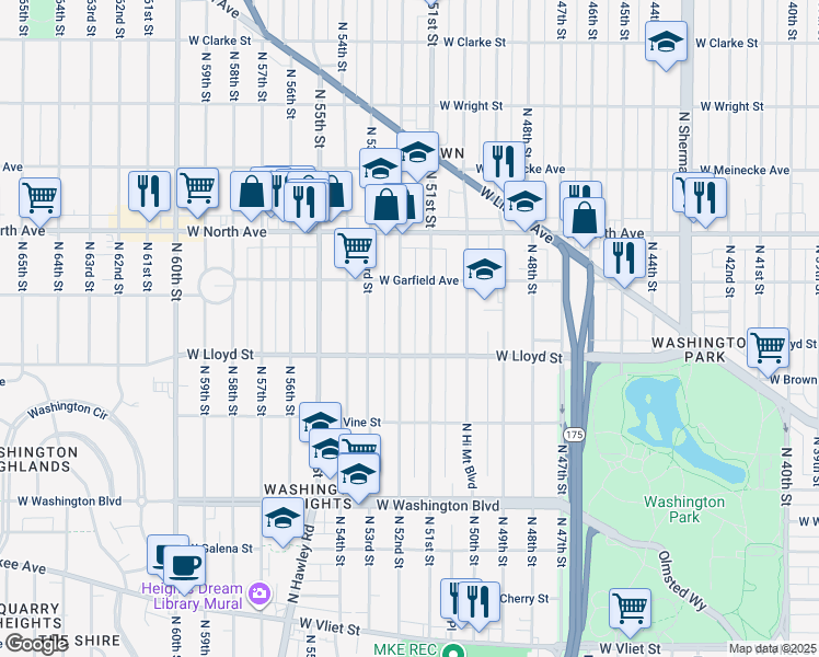 map of restaurants, bars, coffee shops, grocery stores, and more near 2115 North 51st Street in Milwaukee