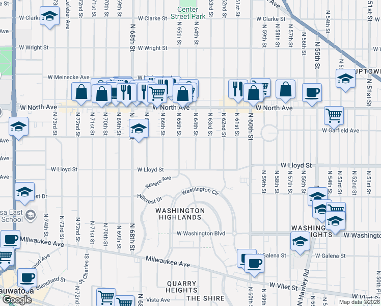 map of restaurants, bars, coffee shops, grocery stores, and more near 2118 North 65th Street in Wauwatosa