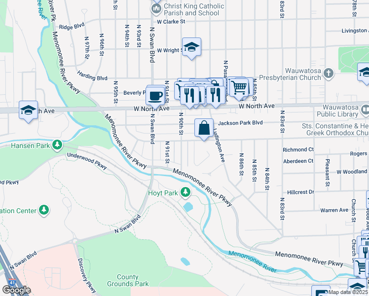 map of restaurants, bars, coffee shops, grocery stores, and more near 2110 North 90th Street in Wauwatosa